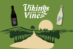 Vikings on the Vine logo over a vineyard graphic background with two wine bottles floating.